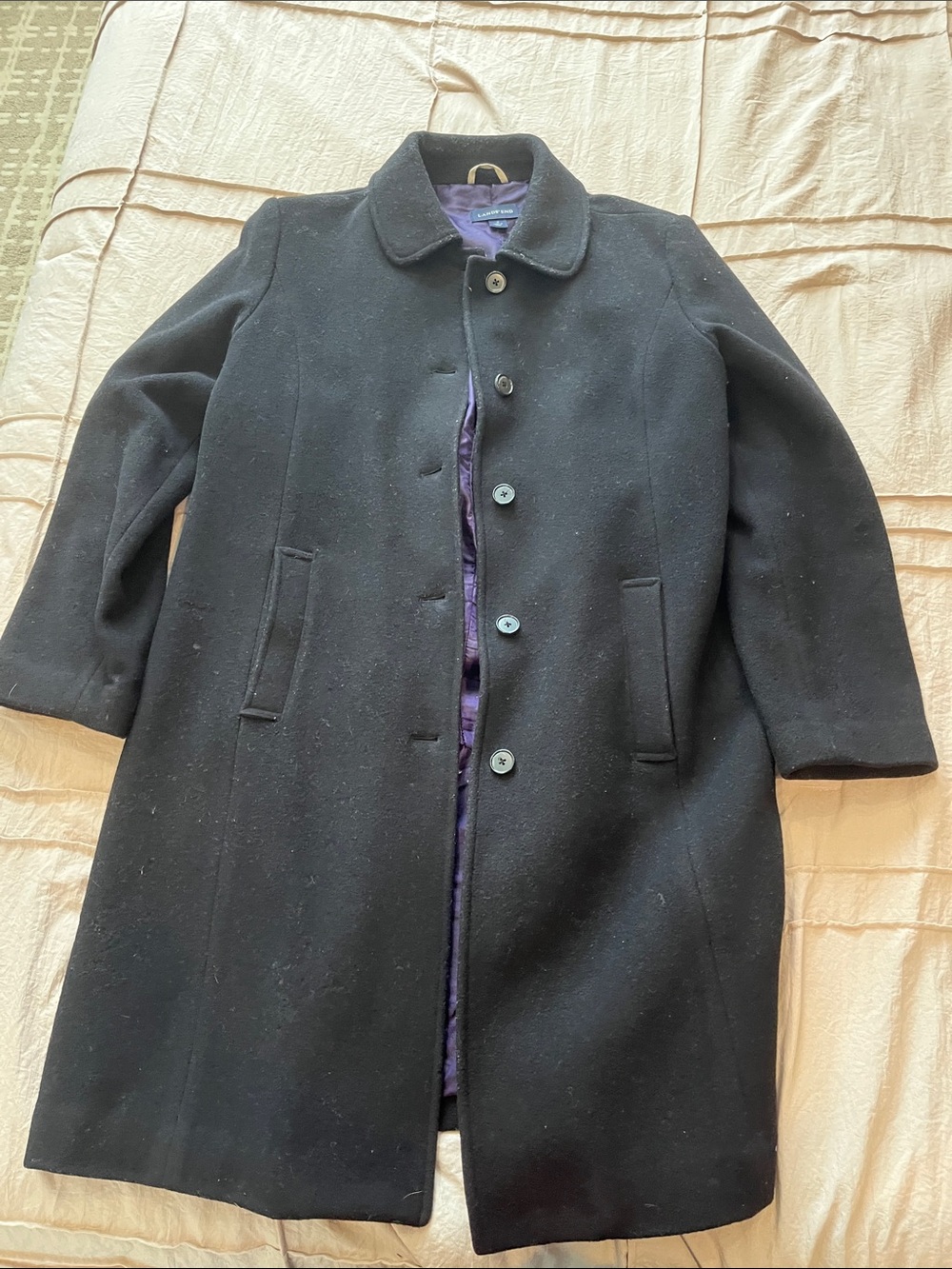 Lands' End Black Wool Pea Coat with Purple Lining